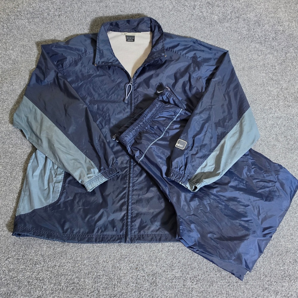 2000s Nike Men XL Tracksuit Navy Blue Gray Full Zip Windbreaker Jacket Pants Set